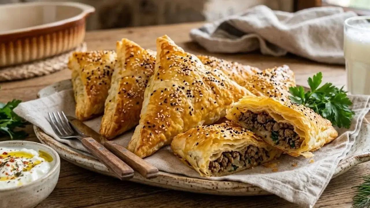 Hazır yufkayla dakikalar içinde sofrada: Çıtır çıtır kıymalı üçgen börek tarifi...